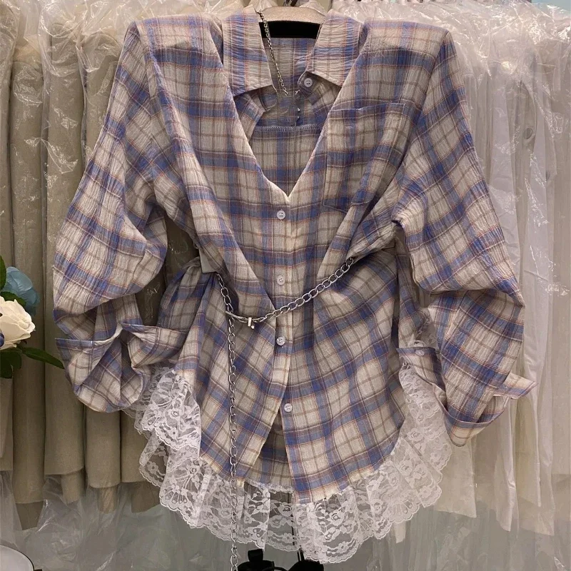 Shirt Women's Design Lace Splicing Thin Top 2025 Autumn New Korean Loose Plaid Long-sleeved
Shirt Women's Design Lace Splicing Thin Top 2025 Autumn New Korean Loose Plaid Long-sleeved