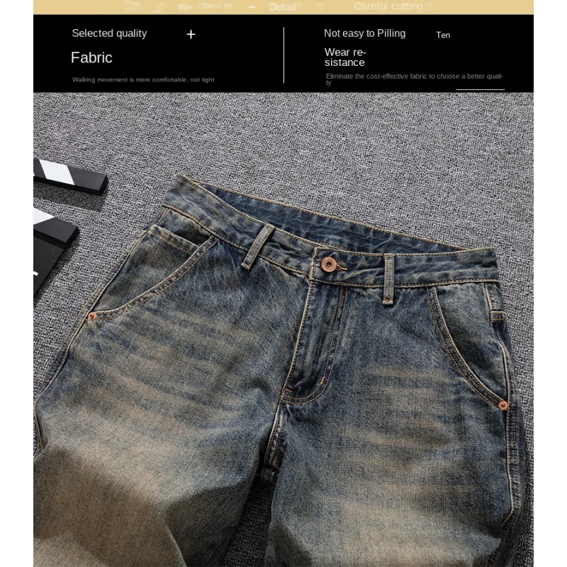 Street fashion brand American nostalgic loose straight leg jeans for men, retro washed denim pants made of vintage denim
Street fashion brand American nostalgic loose straight leg jeans for men, retro washed denim pants made of vintage denim