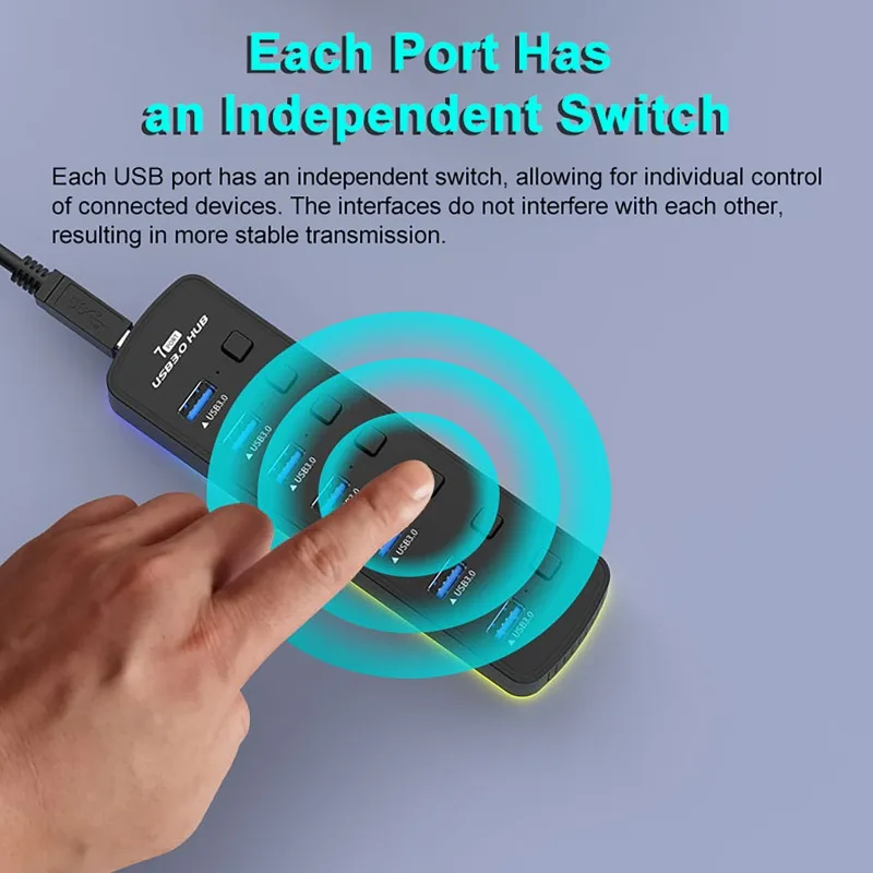 7 Ports USB 3.0 Hub 5Gbps Splitter Computer Converter Expander Individual On/Off Switch Gaming USB Hub For Laptop PC Computer