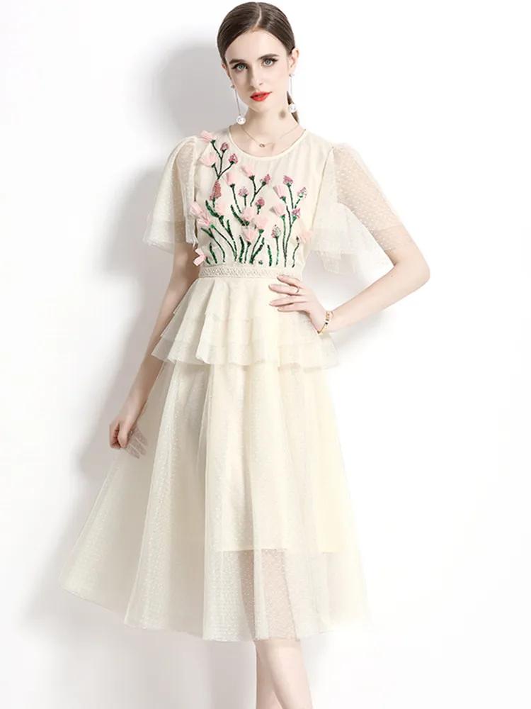 SMTHMA New Fashion O-Neck Ruffle Short Sleeve Embroidery Sequins Flower Dress Women Mesh Big Swing Long Dress Female Clothing
SMTHMA New Fashion O-Neck Ruffle Short Sleeve Embroidery Sequins Flower Dress Women Mesh Big Swing Long Dress Female Clothing