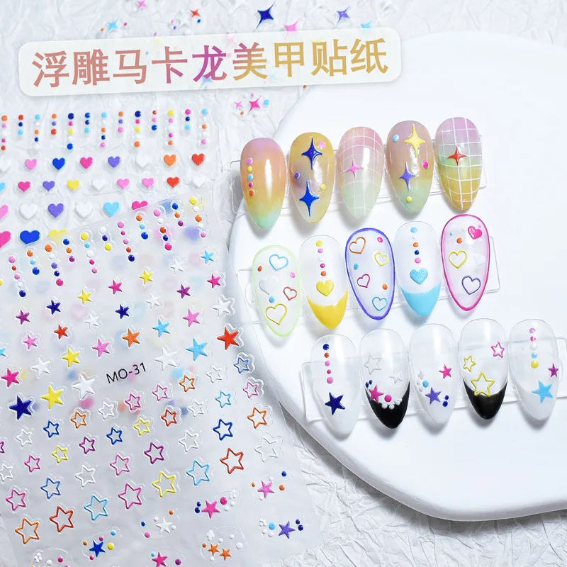2pc 5D Relief Nail Art Stickers Cartoon Moon Star Heart Pattern Color Nail DIY Decoration Decal Stars hollowed love round dots 
2pc 5D Relief Nail Art Stickers Cartoon Moon Star Heart Pattern Color Nail DIY Decoration Decal Stars hollowed love round dots