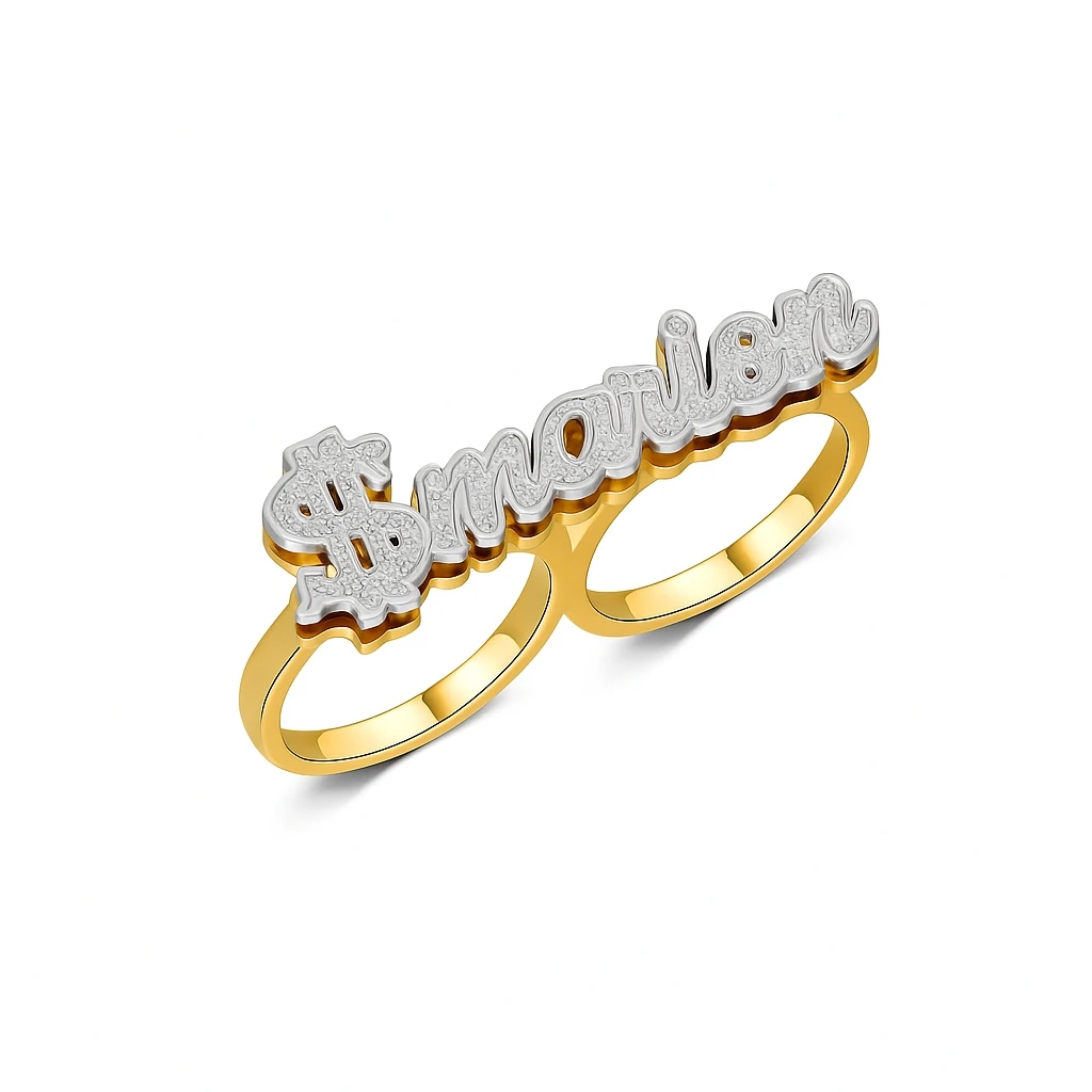 Personalization Two Tone Double Plate Dollar Nameplate Two Finger Ring Custom Stainless Steel Name Ring Women's Two Finger Ring
Personalization Two Tone Double Plate Dollar Nameplate Two Finger Ring Custom Stainless Steel Name Ring Women's Two Finger Ring