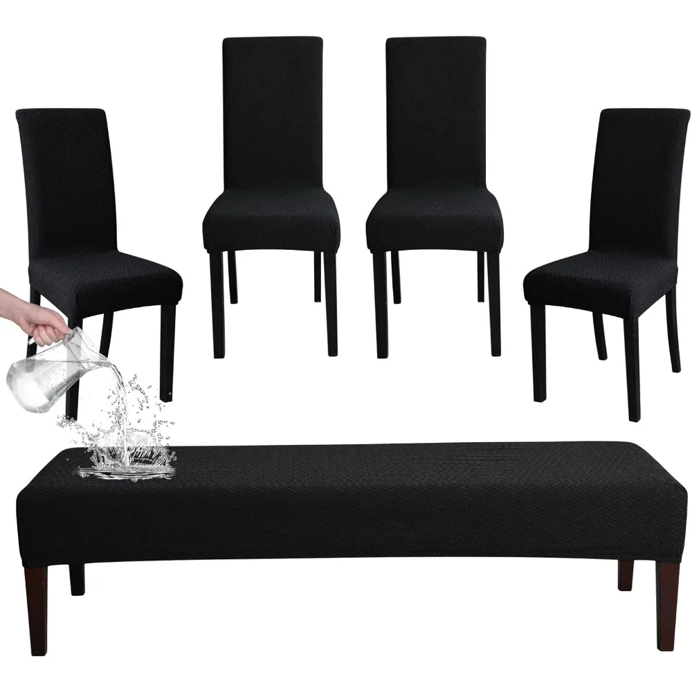 Waterproof Black Jacquard Dining Chair and Bench Covers Set, Washable for 4 Chairs and a Bench in Dining Room
Waterproof Black Jacquard Dining Chair and Bench Covers Set, Washable for 4 Chairs and a Bench in Dining Room
