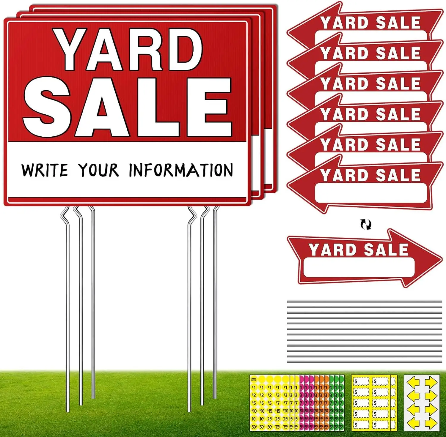 Yard Sale Signs Kit with Metal Stakes, Double Sided Garage Sale Supplies, Pricing Stickers & Neon Arrows
Yard Sale Signs Kit with Metal Stakes, Double Sided Garage Sale Supplies, Pricing Stickers & Neon Arrows