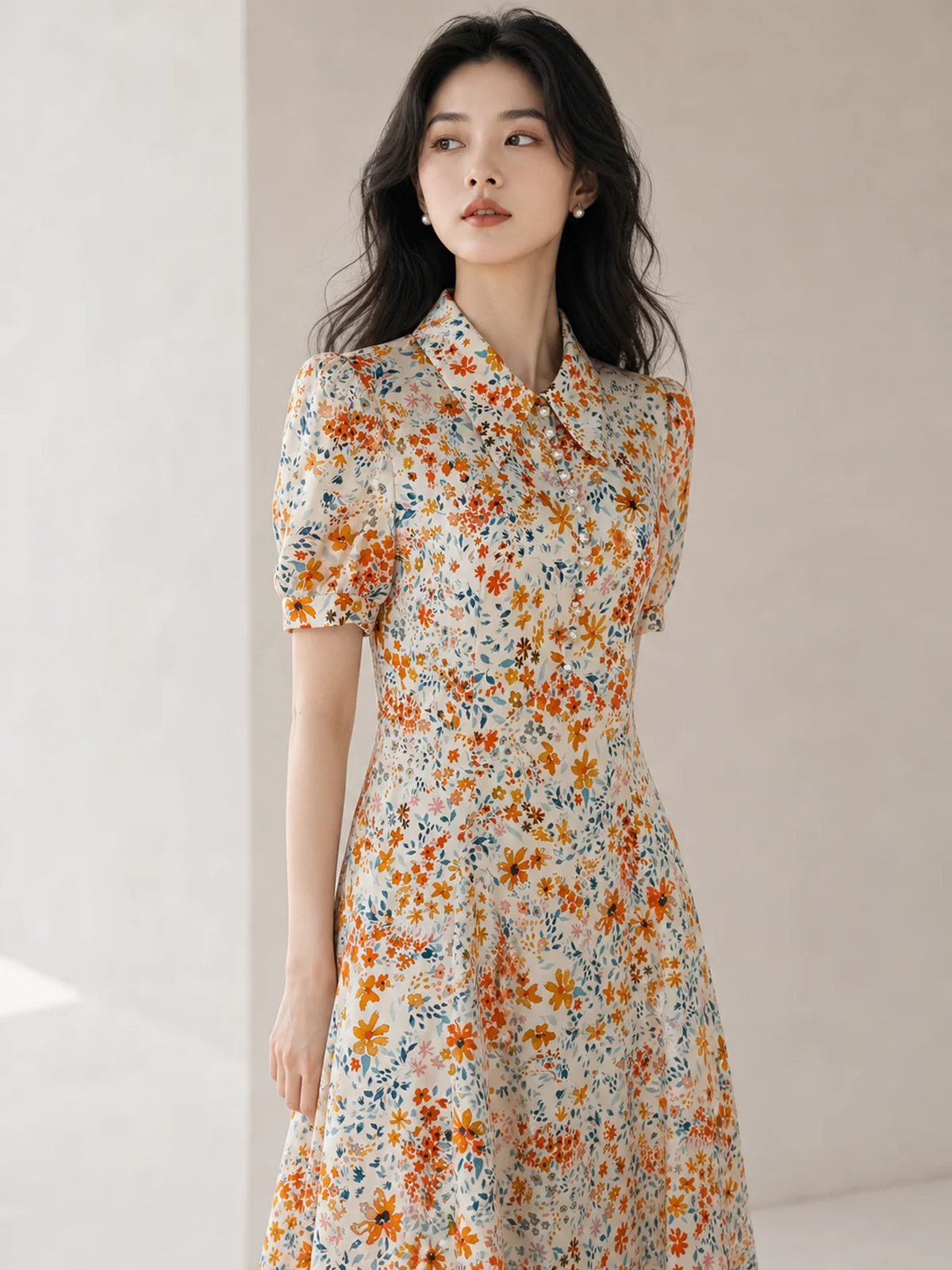 Orange & Blue Floral Print Silk Dress | Shirt Collar Puff Sleeve Pear Buttons Dress | UK8-UK 14
Orange & Blue Floral Print Silk Dress | Shirt Collar Puff Sleeve Pear Buttons Dress | UK8-UK 14