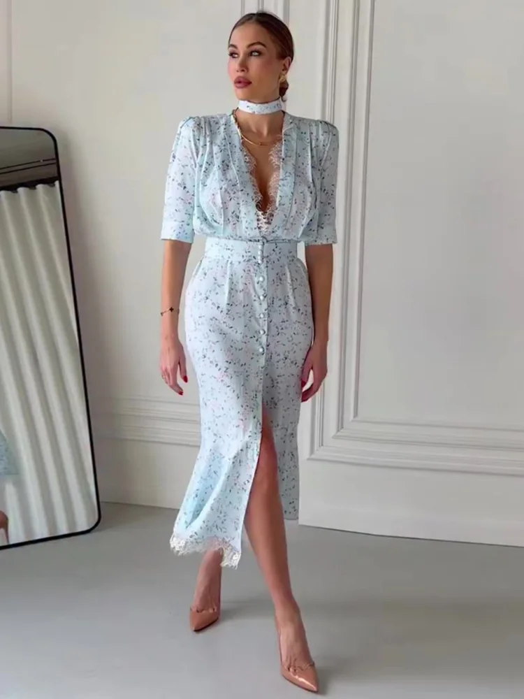2026 Women Chic Deep V-neck Waist Cinching Split Short Sleeve Maxi Dress Lady Party Vestidos Elegant Lace Trimmed Printed Dress
2026 Women Chic Deep V-neck Waist Cinching Split Short Sleeve Maxi Dress Lady Party Vestidos Elegant Lace Trimmed Printed Dress