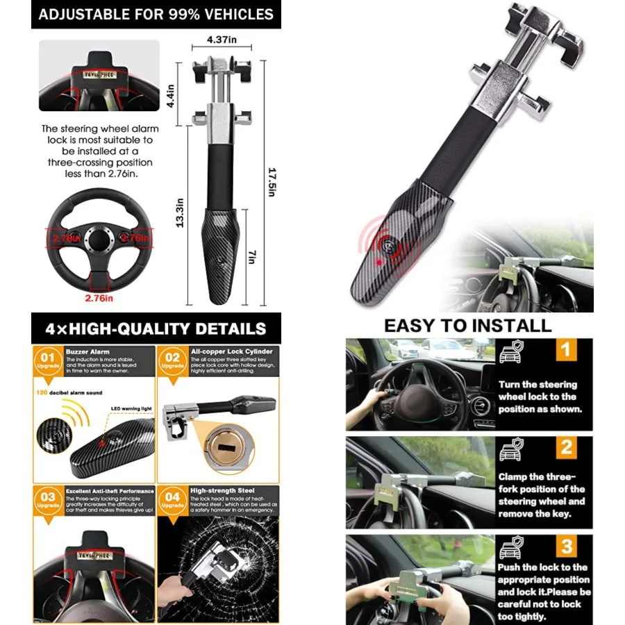 Steering Wheel Lock with Alarm,Heavy Duty Anti-Theft Car Device Car Lock Car Theft Prevention Universal Fit for Vehicle Truck Van SUV Car Security with 2 Keys
Steering Wheel Lock with Alarm,Heavy Duty Anti-Theft Car Device Car Lock Car Theft Prevention Universal Fit for Vehicle Truck Van SUV Car Security with 2 Keys