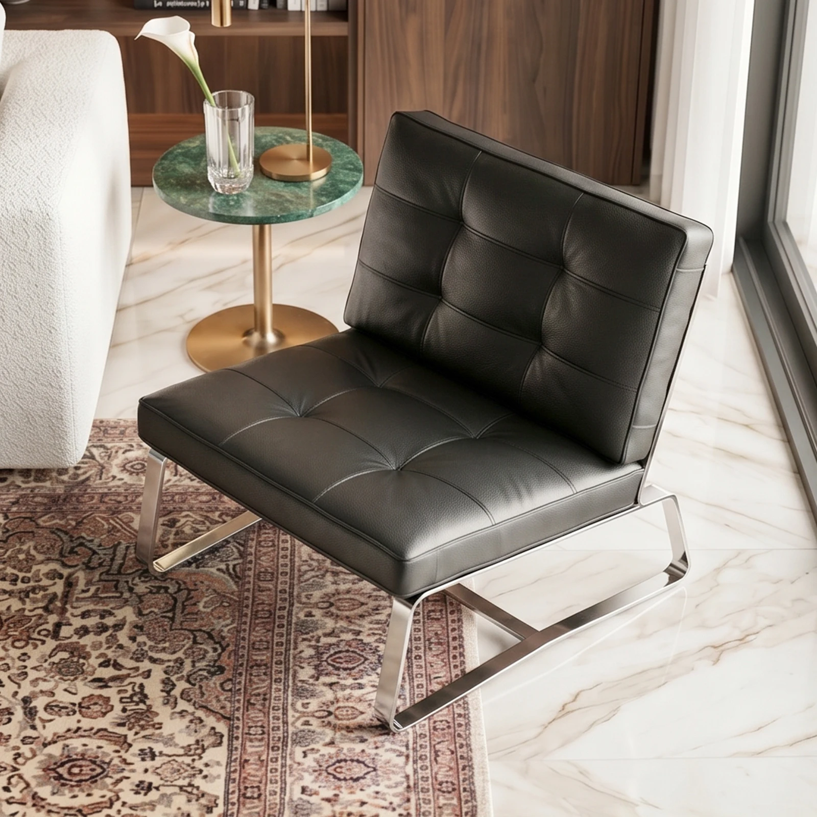 #Modern Minimalist Black Leather Accent Lounge Chair with Shiny Stainless Steel Base for Home Office
#Modern Minimalist Black Leather Accent Lounge Chair with Shiny Stainless Steel Base for Home Office