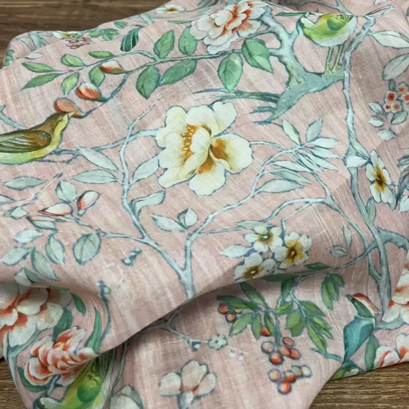 100% ramie tender pink plant flower printed fabric, suitable for sewing shirts, skirts, and DIY fabrics
100% ramie tender pink plant flower printed fabric, suitable for sewing shirts, skirts, and DIY fabrics