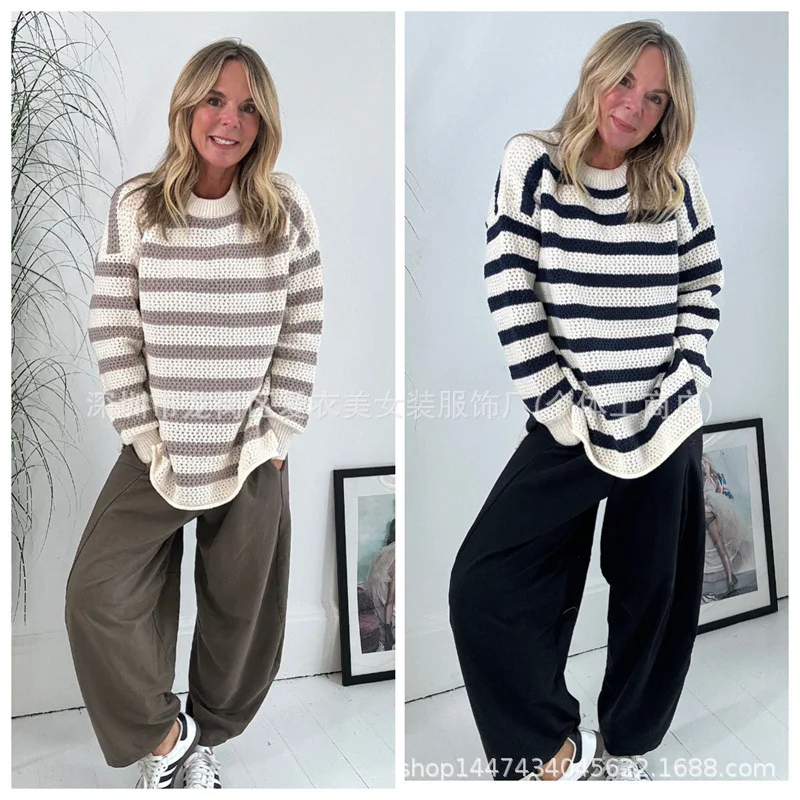 Осень-зима 2025 г., новый двухцветный женский топ с круглым вырезом, свободный полосатый женский топ с длинными рукавами, модный повседневный два цвета на выбор 
Осень-зима 2025 г., новый двухцветный женский топ с круглым вырезом, свободный полосатый женский топ с длинными рукавами, модный повседневный два цвета на выбор