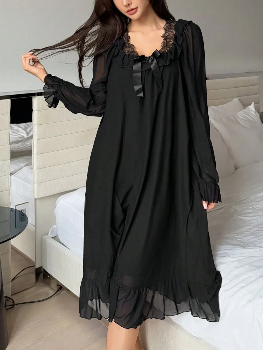 Womens Black Lace Trim Ruffle Hem Nightgown Sleepwear Long Sleeve Chiffon Pajama Dress
Womens Black Lace Trim Ruffle Hem Nightgown Sleepwear Long Sleeve Chiffon Pajama Dress