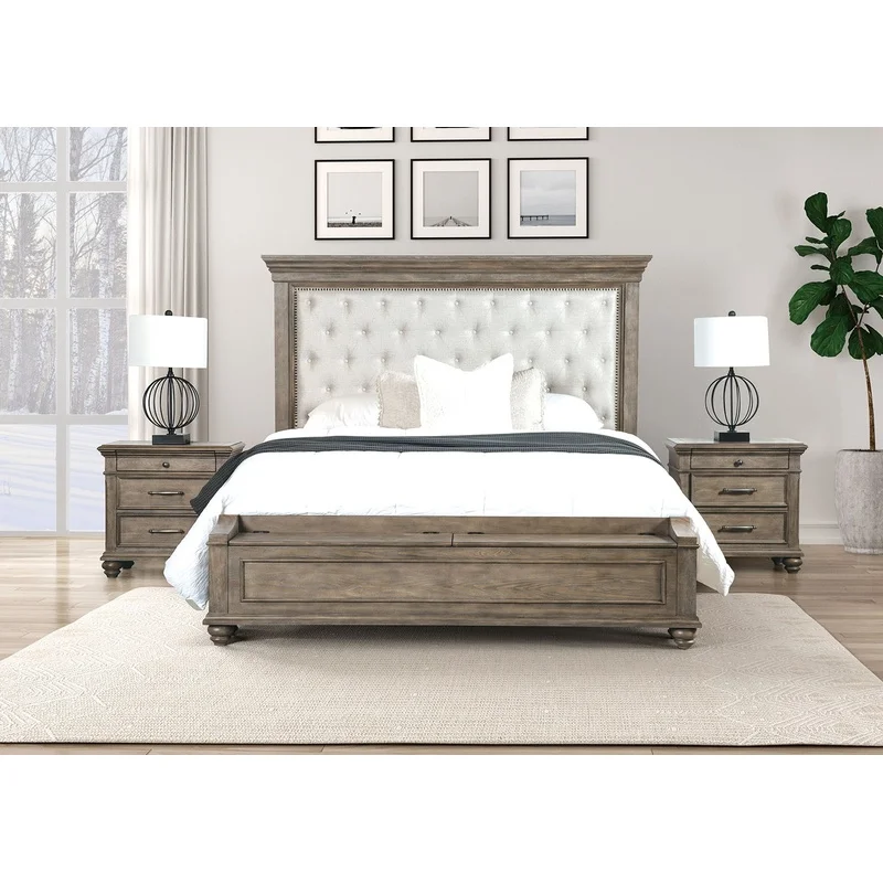 Queen Size Bedroom Set with 2 Nightstands and Storage Bench, Aged Oak Finish, Beige Fabric Upholstered
Queen Size Bedroom Set with 2 Nightstands and Storage Bench, Aged Oak Finish, Beige Fabric Upholstered