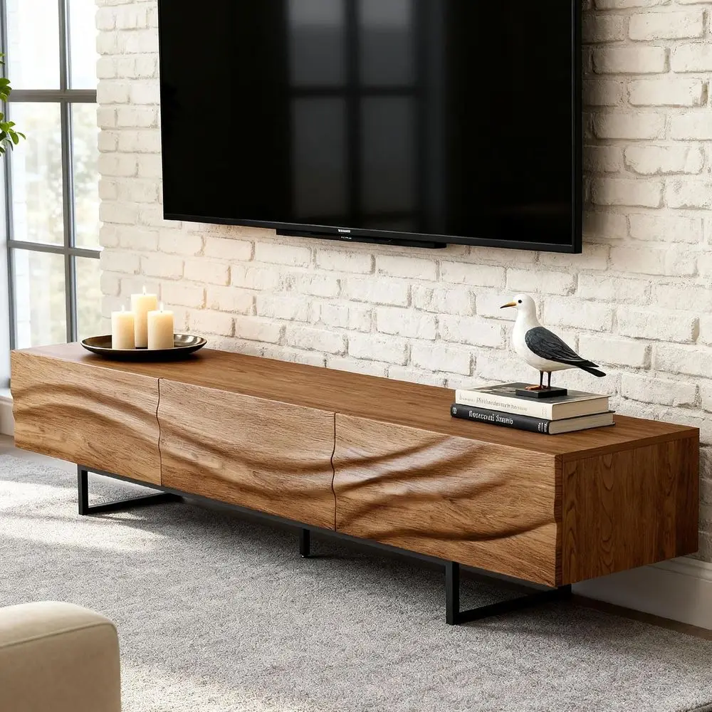 Walnut TV Stand for 80+ Inch TVs with Wavy Wood Fronts, Metal Legs, and Ample Storage - Modern Entertainment Center for Living o
Walnut TV Stand for 80+ Inch TVs with Wavy Wood Fronts, Metal Legs, and Ample Storage - Modern Entertainment Center for Living o