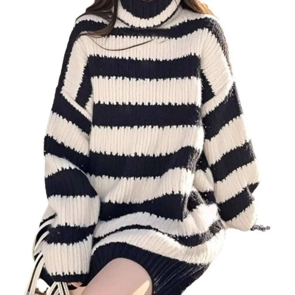 Women's Black And White Striped Turtleneck Sweater Winter Thickened Loose Knit Top Butt Covering Atmosphere Wear
Women's Black And White Striped Turtleneck Sweater Winter Thickened Loose Knit Top Butt Covering Atmosphere Wear