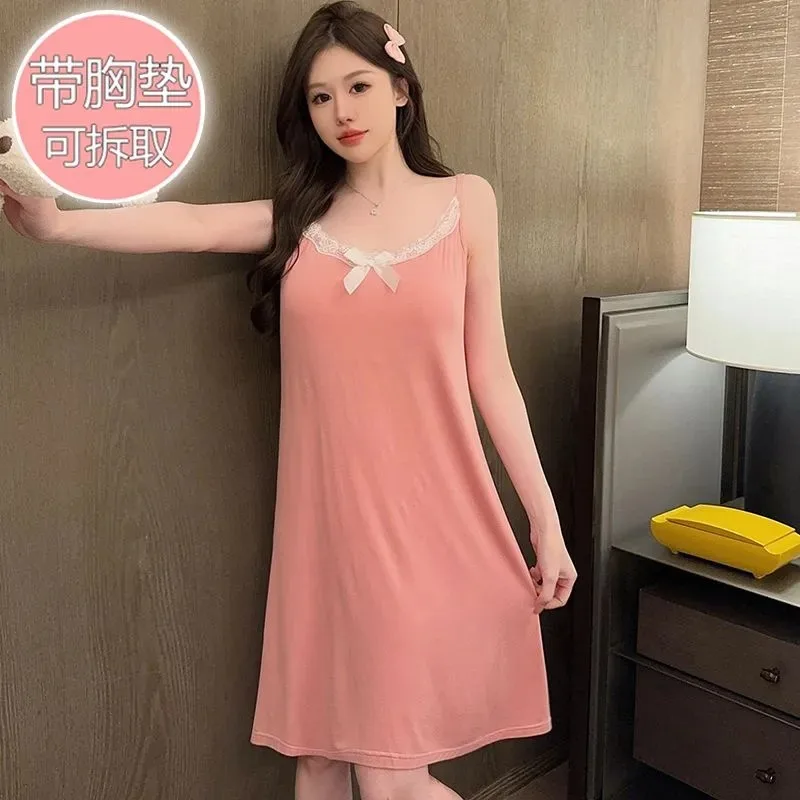 Women Modal Nightdress Lace Trim Spaghetti Strap Removable Pads Summer Sleepwear
Women Modal Nightdress Lace Trim Spaghetti Strap Removable Pads Summer Sleepwear