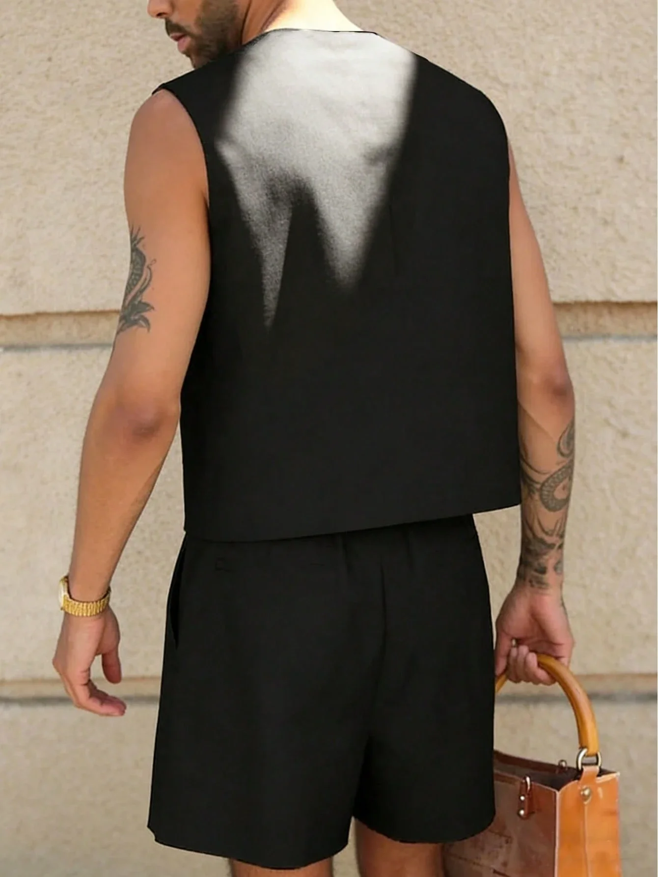 Mens Black V-Neck Sleeveless Vest and Pleated Shorts Set Woven Fabric Smart Casual Outfit
Mens Black V-Neck Sleeveless Vest and Pleated Shorts Set Woven Fabric Smart Casual Outfit