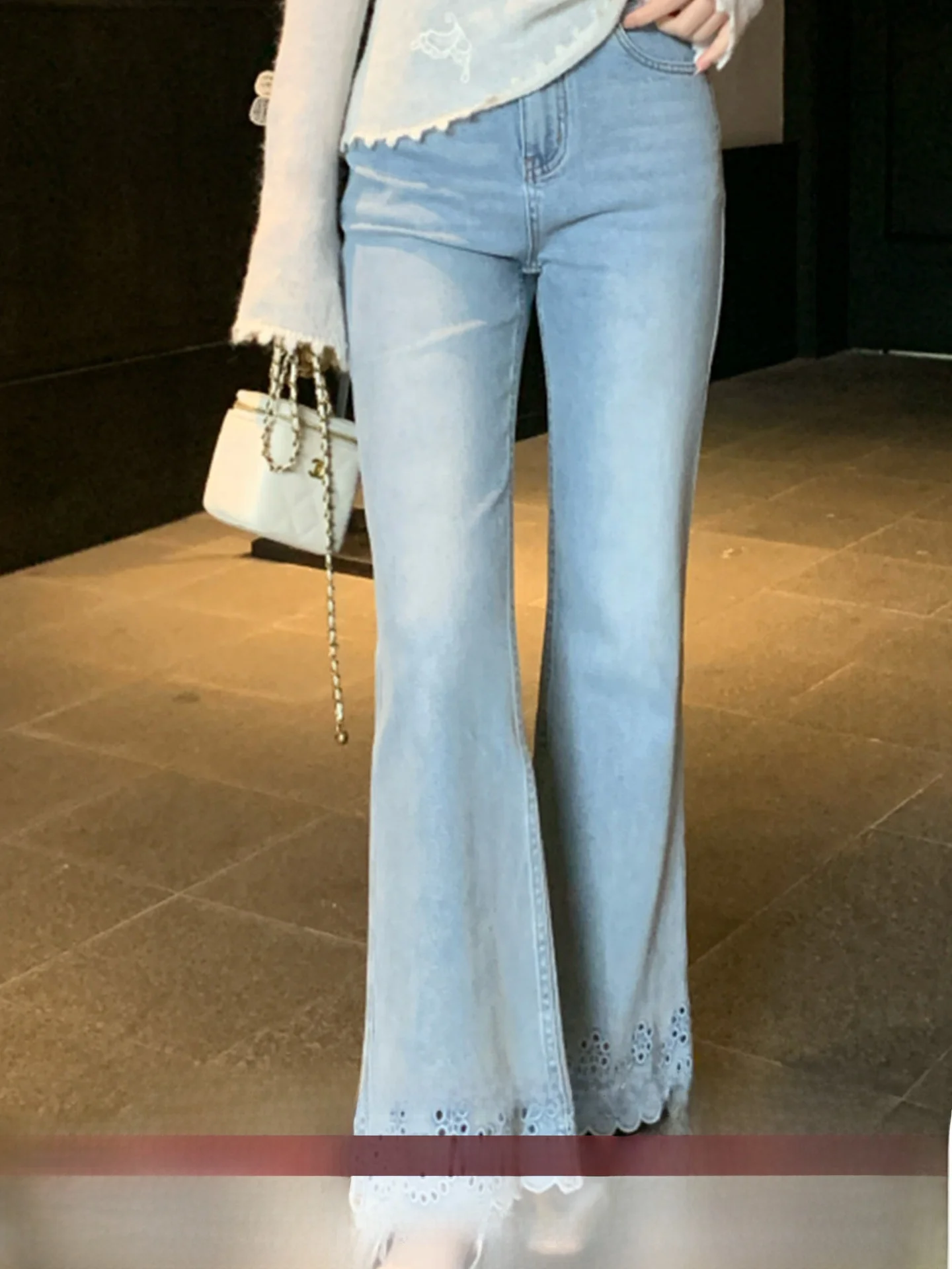 High Waist Flared Jeans Women's Light Blue Washed Nine Points Spring Casual Cotton Denim Pants Commute Style Micro Flare
High Waist Flared Jeans Women's Light Blue Washed Nine Points Spring Casual Cotton Denim Pants Commute Style Micro Flare