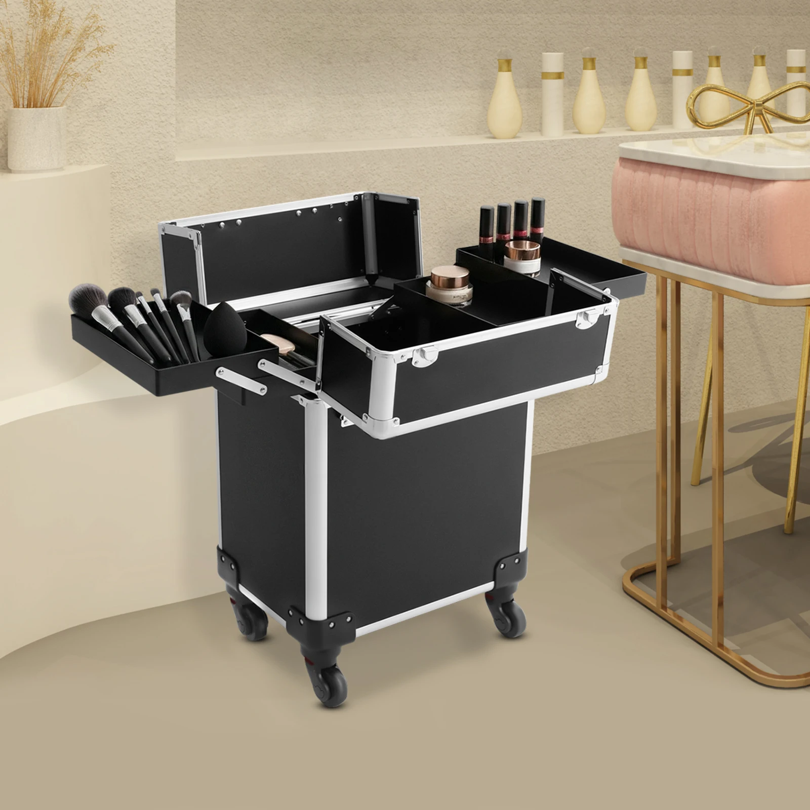 Rolling Makeup Travel Case Aluminum Alloy Cosmetic Trolley Hairdressing Cart with Keys for Makeup Artist Hairdressing
Rolling Makeup Travel Case Aluminum Alloy Cosmetic Trolley Hairdressing Cart with Keys for Makeup Artist Hairdressing