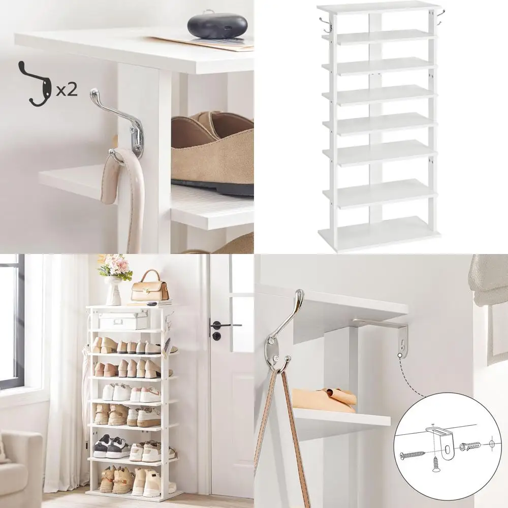 8-Tier Wooden Shoe Rack with Hooks, Slim Design for 16 Pairs, Ideal for Entryway and Living Spaces, White
8-Tier Wooden Shoe Rack with Hooks, Slim Design for 16 Pairs, Ideal for Entryway and Living Spaces, White