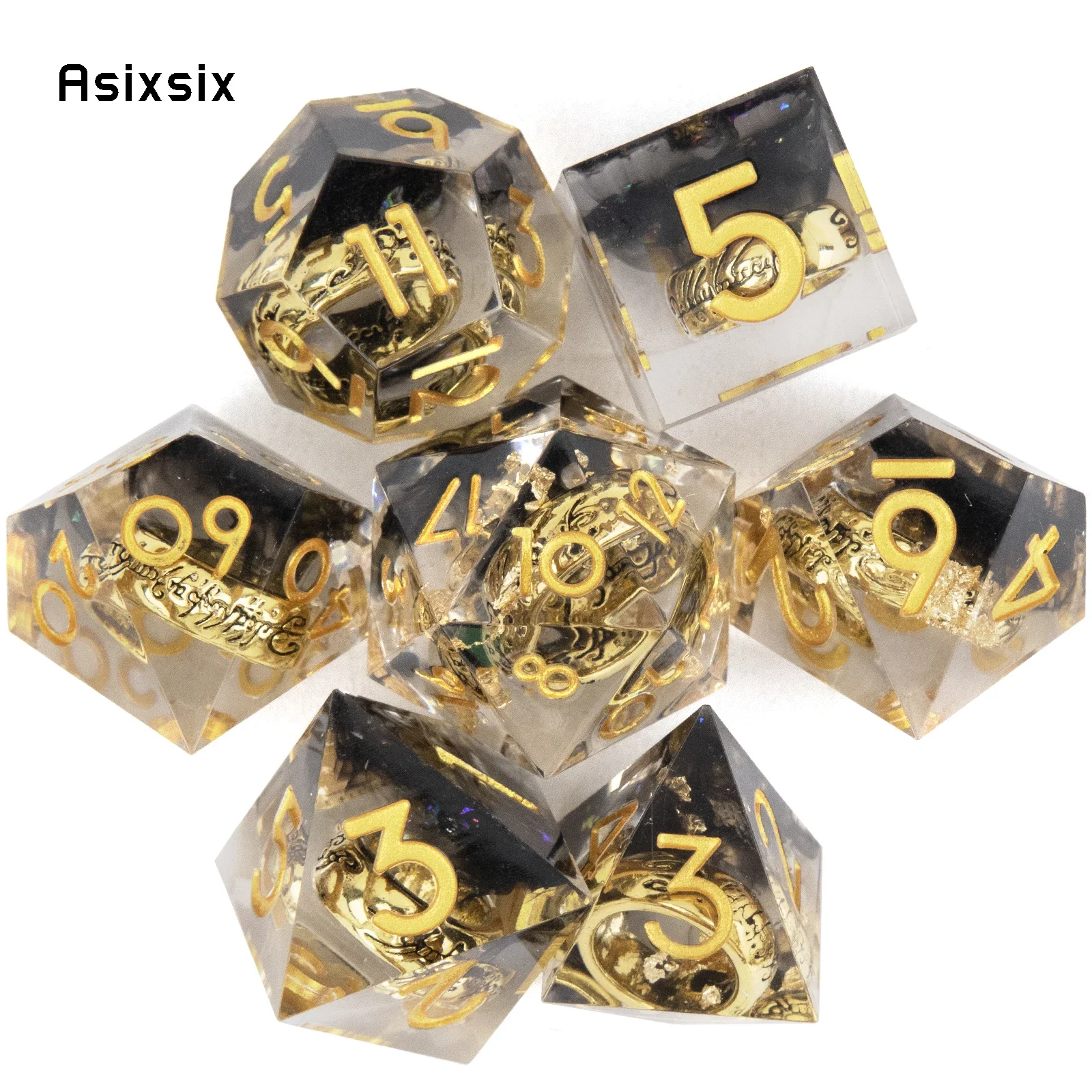 7 Pcs Black Resin Ring Golden Number Sharp Edge Dice Polyhedral Dice Suitable for Role-Playing RPG Board Game
7 Pcs Black Resin Ring Golden Number Sharp Edge Dice Polyhedral Dice Suitable for Role-Playing RPG Board Game