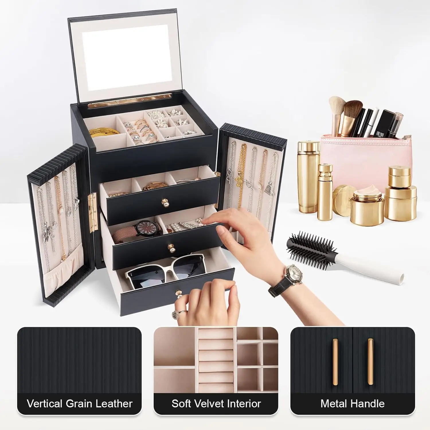 Large Jewelry Box for Women, Jewelry Organizer Box with 3 Drawers, Jewelry Storage Organizer with Mirror for Necklace Ring Bracelet Watch, Gift Idea, 8.7 x 7.5 x 9.8 Inches (Black)
Large Jewelry Box for Women, Jewelry Organizer Box with 3 Drawers, Jewelry Storage Organizer with Mirror for Necklace Ring Bracelet Watch, Gift Idea, 8.7 x 7.5 x 9.8 Inches (Black)