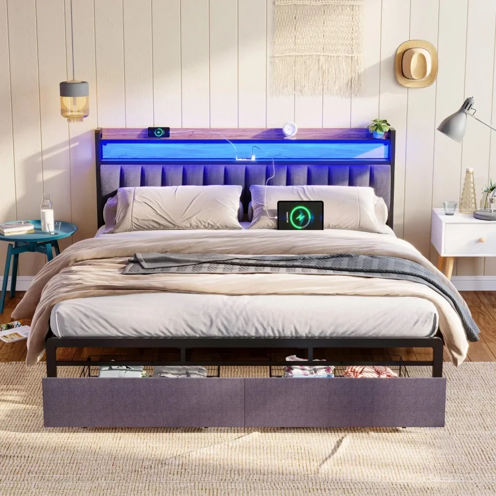 LED Platform Bed with Charging Station, No Box Spring Needed, King Bed Frame with Upholstered Storage Headboard and Drawers
LED Platform Bed with Charging Station, No Box Spring Needed, King Bed Frame with Upholstered Storage Headboard and Drawers