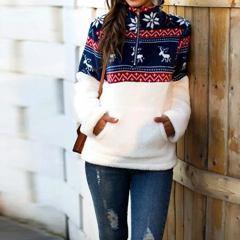 Women 2021 Autumn Winter Fashion Korean Fleece Christmas Stand Collar Pullover Female Pattern Print Loose Patchwork Sweatshirt
Women 2021 Autumn Winter Fashion Korean Fleece Christmas Stand Collar Pullover Female Pattern Print Loose Patchwork Sweatshirt