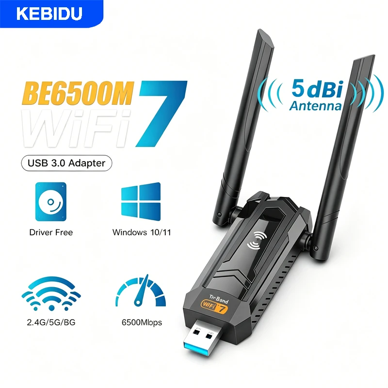 KEBIDU WiFi7 Tri-Band USB WIFI Adapter 6500Mbps 2.4/5/6GHz 5 dbi Antennas Wireless Network Card USB3.0 Drive-free Win10/11
KEBIDU WiFi7 Tri-Band USB WIFI Adapter 6500Mbps 2.4/5/6GHz 5 dbi Antennas Wireless Network Card USB3.0 Drive-free Win10/11