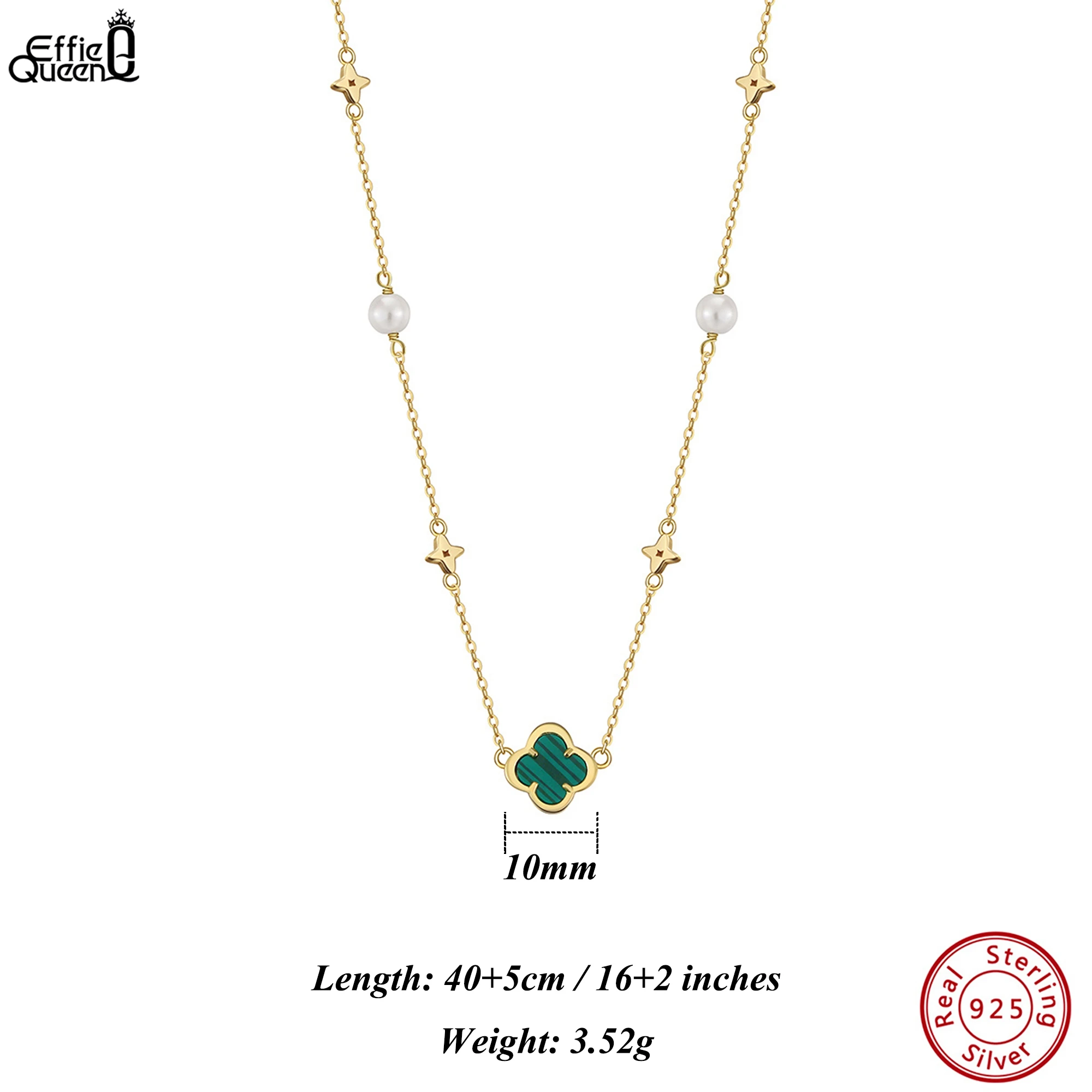 EFFIE QUEEN 925 Sterling Silver 14K Gold Shell Pearl Choker Necklace With Green Malachite Ornament Four Leaf Clover Style GMN62
EFFIE QUEEN 925 Sterling Silver 14K Gold Shell Pearl Choker Necklace With Green Malachite Ornament Four Leaf Clover Style GMN62