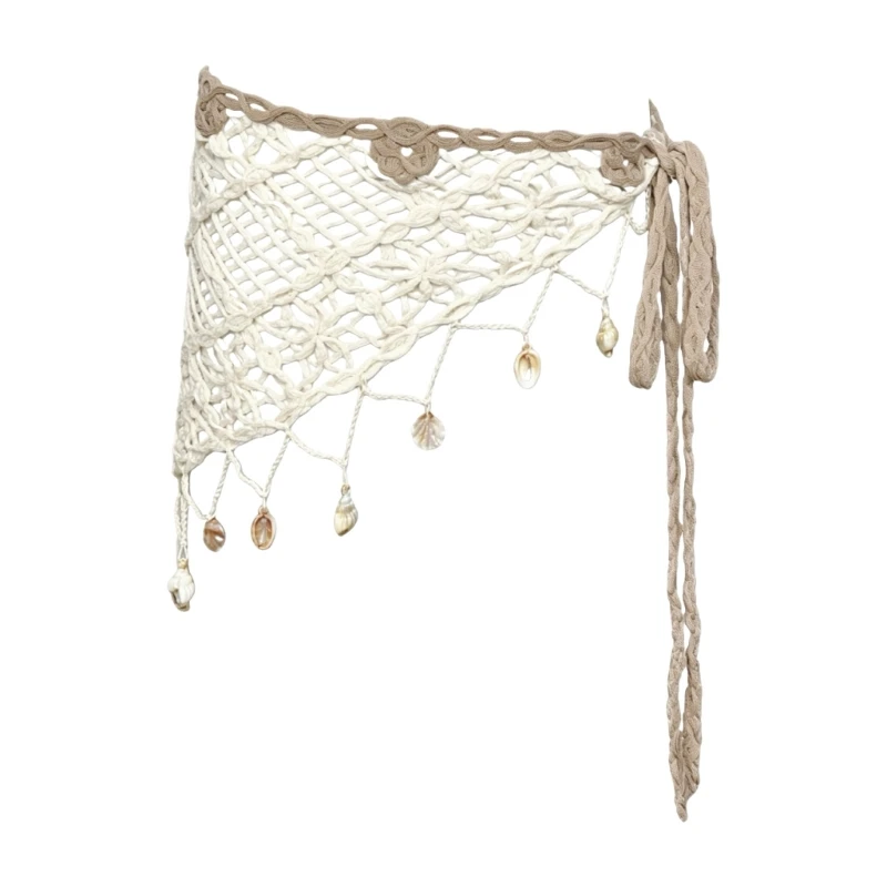 Vacation Outfit Hip Scarf with Crochet Openwork, Waist Wrap Design and Shell Drop Accents for Summer Styling Y08E
Vacation Outfit Hip Scarf with Crochet Openwork, Waist Wrap Design and Shell Drop Accents for Summer Styling Y08E