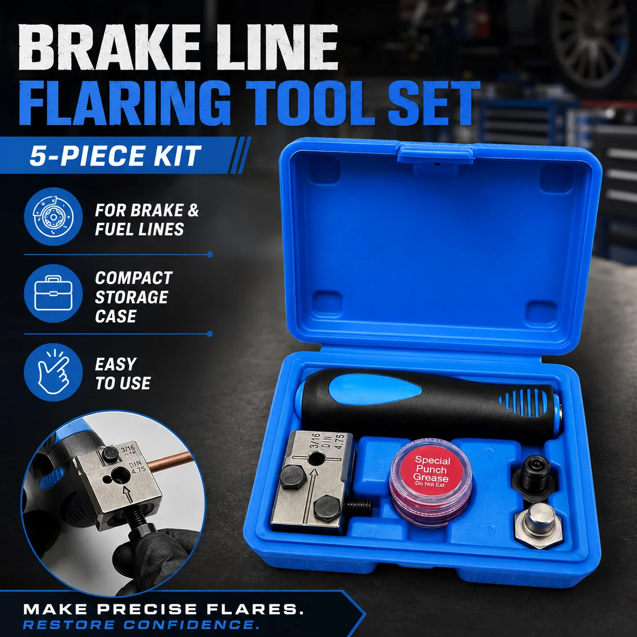 5Pcs Brake Line Flaring Tool Set With Storage Case, Automotive Pipe Repair Kit For Brake Fuel Lines And Copper Tubing
5Pcs Brake Line Flaring Tool Set With Storage Case, Automotive Pipe Repair Kit For Brake Fuel Lines And Copper Tubing