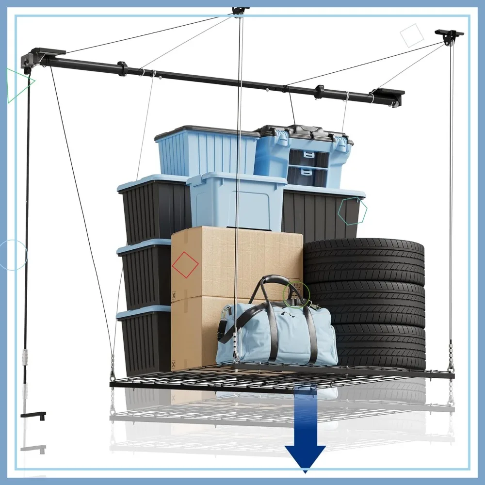 Прочный потолочный стеллаж для гаража, металлический каркас 4x4 фута, подъемная система с грузоподъемностью 300 фунтов
Прочный потолочный стеллаж для гаража, металлический каркас 4x4 фута, подъемная система с грузоподъемностью 300 фунтов