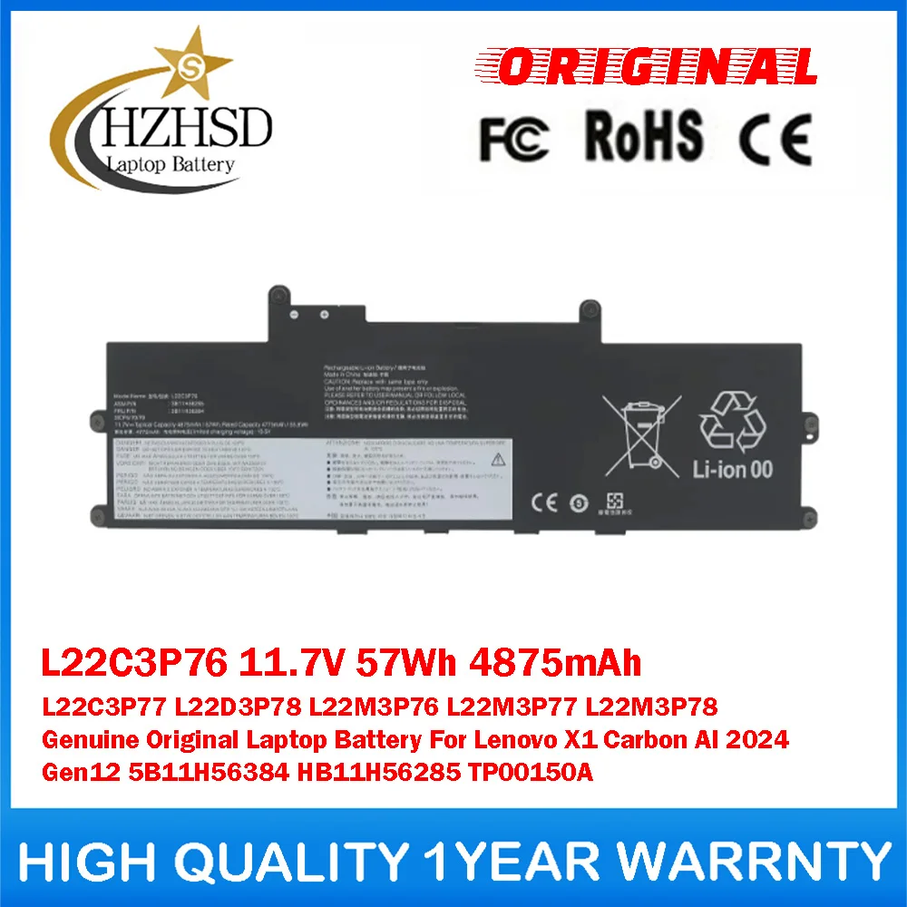 L22C3P76 11.7V 57Wh 4875mAh L22C3P77/D3P78 L22M3P76/7/8 Genuine Original Laptop Battery For Lenovo X1 Carbon AI Gen12 5B11H56384
L22C3P76 11.7V 57Wh 4875mAh L22C3P77/D3P78 L22M3P76/7/8 Genuine Original Laptop Battery For Lenovo X1 Carbon AI Gen12 5B11H56384