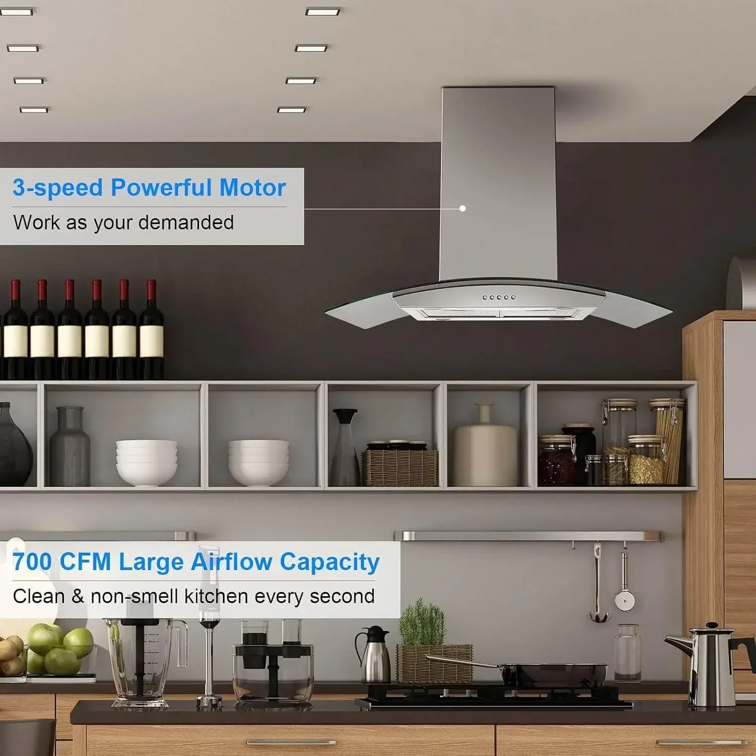 Island Range Hood 36 inch 700 CFM, Ceiling Mount Kitchen Vent Hood Ducted/Ductless Convertible, 4 LED Lights 5-Layer Filters
Island Range Hood 36 inch 700 CFM, Ceiling Mount Kitchen Vent Hood Ducted/Ductless Convertible, 4 LED Lights 5-Layer Filters