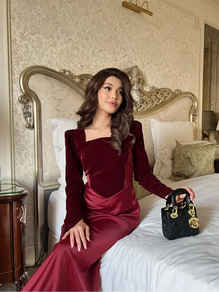 Elegant Women Velvet Patchwork Satin Dress Chic Full Sleeve Square Neck High Waist Slim Maxi Dresses Lady Evening Party Gowns
Elegant Women Velvet Patchwork Satin Dress Chic Full Sleeve Square Neck High Waist Slim Maxi Dresses Lady Evening Party Gowns