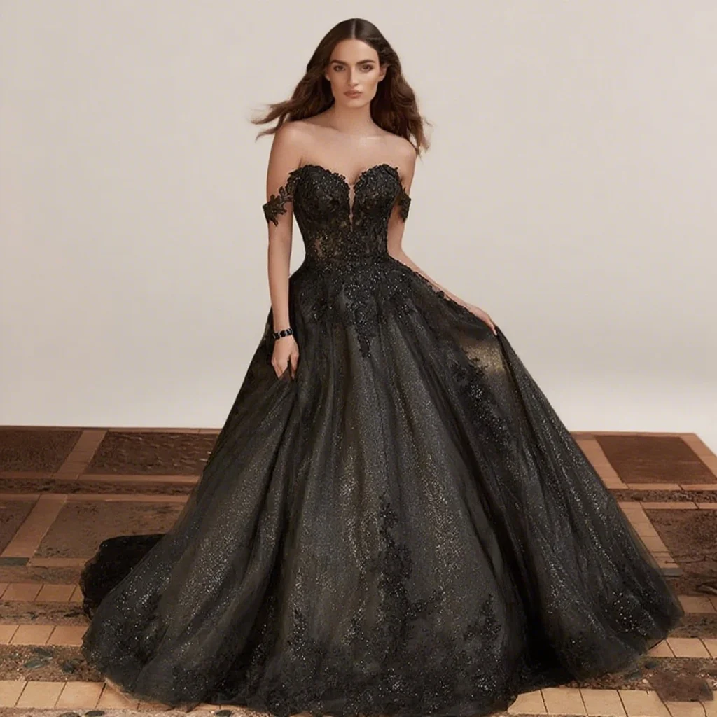 Elegant Black Bridal Wedding Dresses Off The Shoulder Sequined Lace Applique Sweetheart A Line Train Rode De Morri Customized
Elegant Black Bridal Wedding Dresses Off The Shoulder Sequined Lace Applique Sweetheart A Line Train Rode De Morri Customized