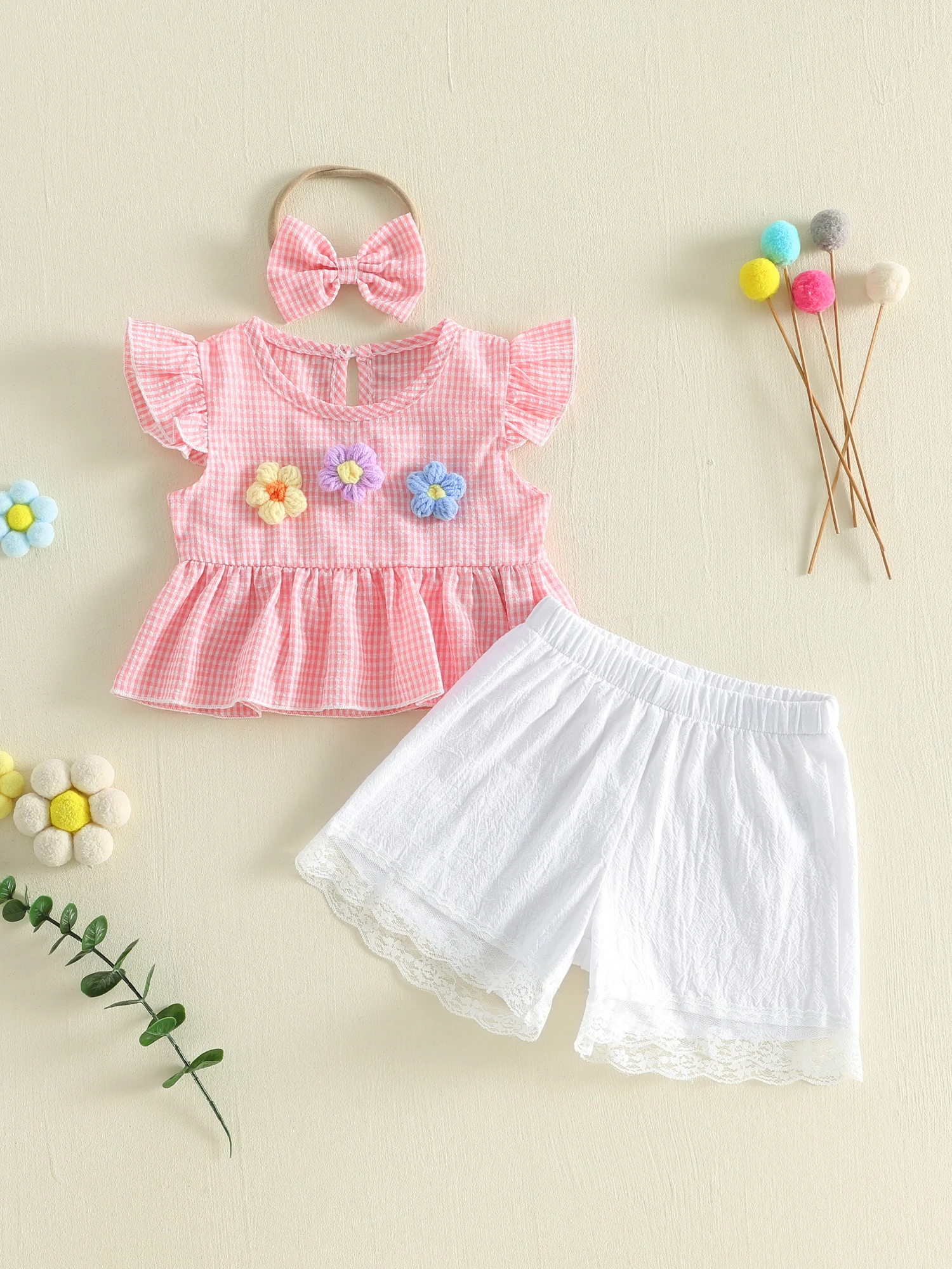 Adorable Infant Girl Outfit Floral Crochet Top Plaid Shorts Lace Trim Bow Headband - 3 Piece Summer Set for Toddlers
Adorable Infant Girl Outfit Floral Crochet Top Plaid Shorts Lace Trim Bow Headband - 3 Piece Summer Set for Toddlers