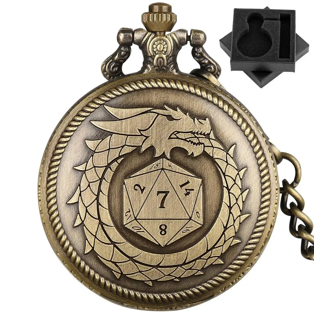 Vintage Punk Dragon Dice Pattern Quartz Pocket Watch Retro Bronze Fob Chain Necklace Pendant Clock Arabic Numeral Dial Timepiece
Vintage Punk Dragon Dice Pattern Quartz Pocket Watch Retro Bronze Fob Chain Necklace Pendant Clock Arabic Numeral Dial Timepiece