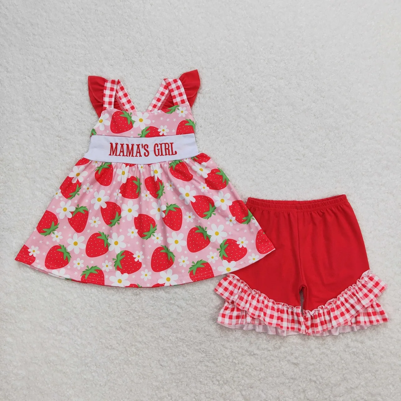 Wholesale Children Summer Embroidery Mama's Girl Set Kids Short Sleeves Strawberry Floral Outfit Toddler Plaid Shorts Clothes
Wholesale Children Summer Embroidery Mama's Girl Set Kids Short Sleeves Strawberry Floral Outfit Toddler Plaid Shorts Clothes