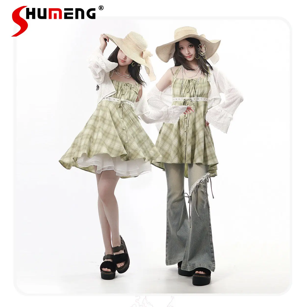 Original Fashion Sweet Streetwear Girl Plaid Halter Neck Sleeveless Dress Sets Women High Waist Lace-up Bow Flare Denim Pants
Original Fashion Sweet Streetwear Girl Plaid Halter Neck Sleeveless Dress Sets Women High Waist Lace-up Bow Flare Denim Pants