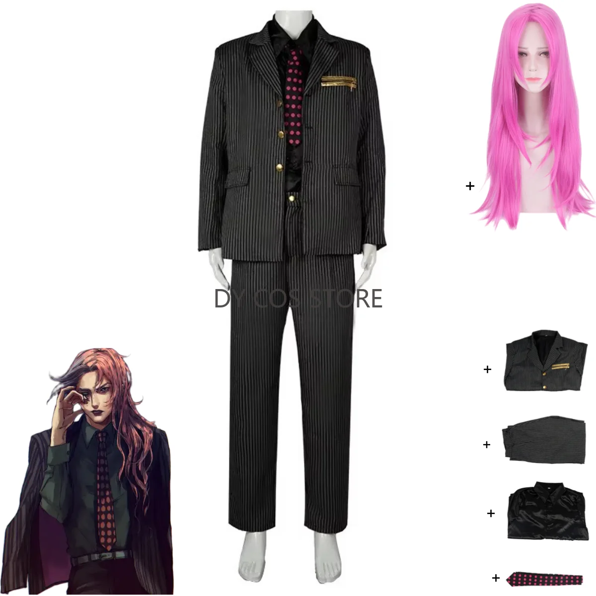 Аниме JOJO's Bizarre Adventure Golden Wind Diavolo, карнавальный костюм, парик, черный костюм в полоску, пальто для взрослых, мужчин и женщин, карнавальная форма
Аниме JOJO's Bizarre Adventure Golden Wind Diavolo, карнавальный костюм, парик, черный костюм в полоску, пальто для взрослых, мужчин и женщин, карнавальная форма