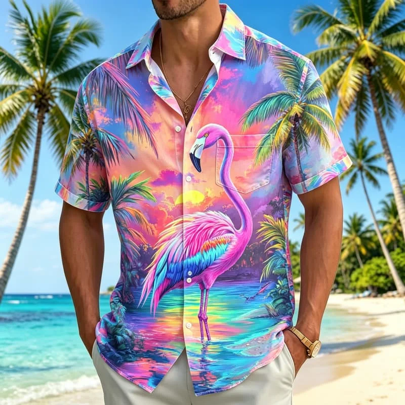 Men's neon tropical animal printed short sleeved shirt with pockets, a casual top with a seaside atmosphere
Men's neon tropical animal printed short sleeved shirt with pockets, a casual top with a seaside atmosphere