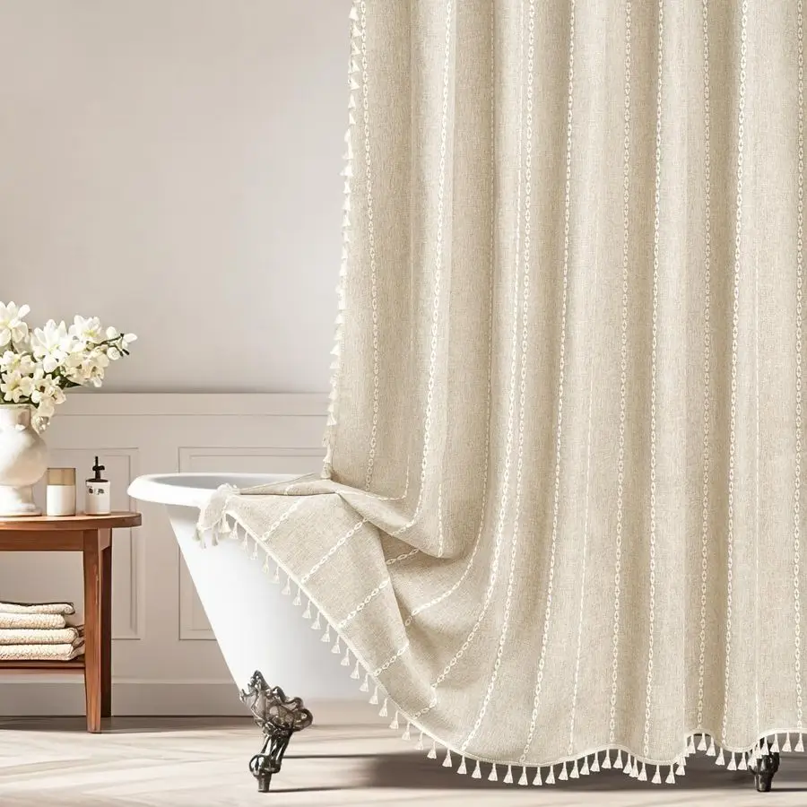 Farmhouse Shower Curtain Heavyweight Extra Long 72 x 76 Inch, Beige Linen Textured Fabric Shower Curtain with Tassels, Cream Str
Farmhouse Shower Curtain Heavyweight Extra Long 72 x 76 Inch, Beige Linen Textured Fabric Shower Curtain with Tassels, Cream Str
