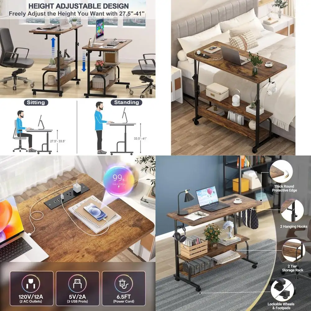 32 Manual Height Adjustable Rolling Desk with Power Outlets, Portable Laptop Table for Home Office in Rustic Brown
32 Manual Height Adjustable Rolling Desk with Power Outlets, Portable Laptop Table for Home Office in Rustic Brown