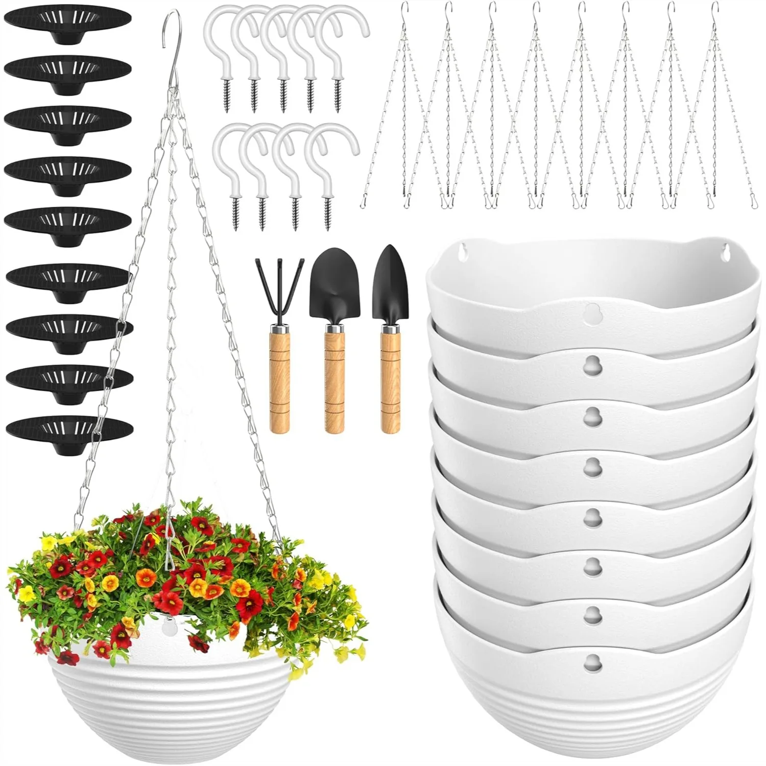 9 White Hanging Planters with Drainage Plugs and Chains
9 White Hanging Planters with Drainage Plugs and Chains