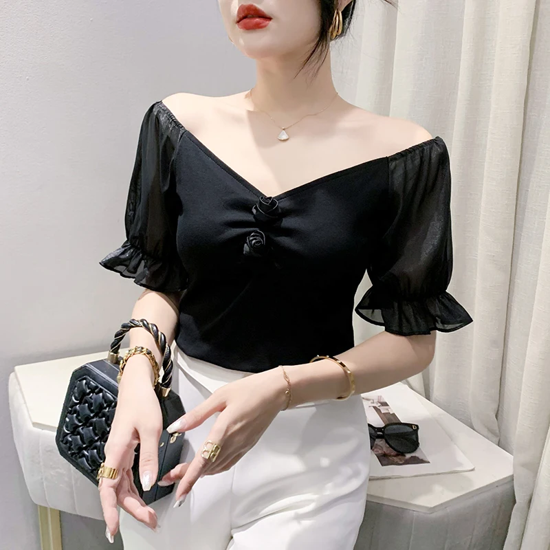 2023 New Summer Korean Style Cotton T-Shirt Elegant Women Chic Sexy V-Neck Draped Patchwork Chiffon Tops Puff Sleeve Tees 35248
2023 New Summer Korean Style Cotton T-Shirt Elegant Women Chic Sexy V-Neck Draped Patchwork Chiffon Tops Puff Sleeve Tees 35248