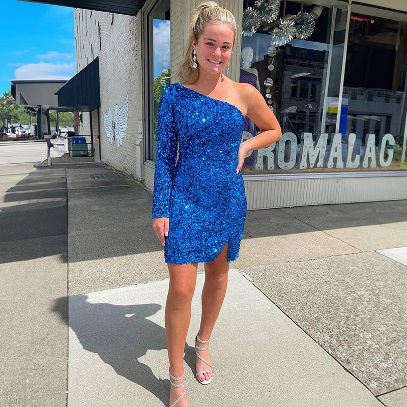 BLUE Simple Sequin Cocktail Dresses One-shoulder Mini Homecoming Dress Long sleeves Short Party Gown for Girls Vestido De Noche
BLUE Simple Sequin Cocktail Dresses One-shoulder Mini Homecoming Dress Long sleeves Short Party Gown for Girls Vestido De Noche