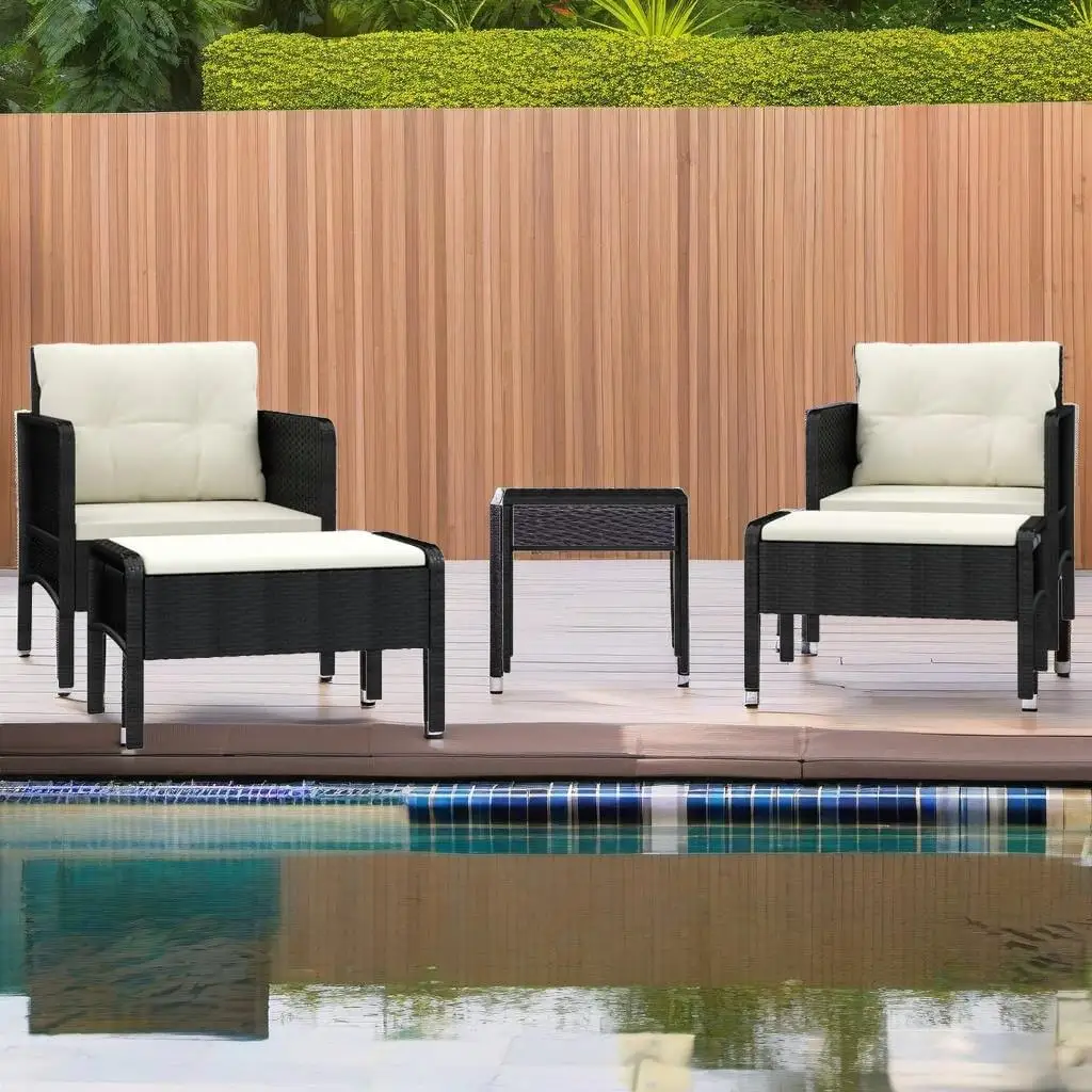 5-Piece Black Poly Rattan Patio Lounge Set with Cushions - Outdoor Furniture
5-Piece Black Poly Rattan Patio Lounge Set with Cushions - Outdoor Furniture