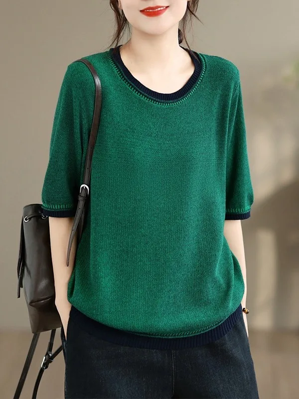 Summer Color Block Knitted T-Shirt Large Size Women's Five Sleeve round Neck Casual Loose Versatile Top Commute Artistic
Summer Color Block Knitted T-Shirt Large Size Women's Five Sleeve round Neck Casual Loose Versatile Top Commute Artistic