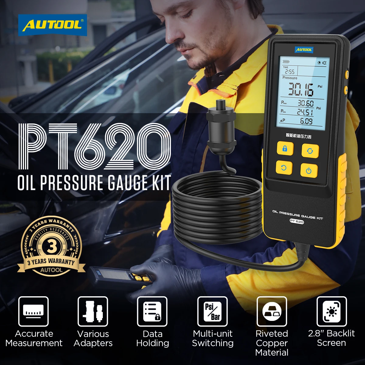 AUTOOL PT620 Engine Oil Pressure Gauge 2.8” Backlit Screen Data Holding Oil Pressure Gauge Kit Automotive Tool
AUTOOL PT620 Engine Oil Pressure Gauge 2.8” Backlit Screen Data Holding Oil Pressure Gauge Kit Automotive Tool